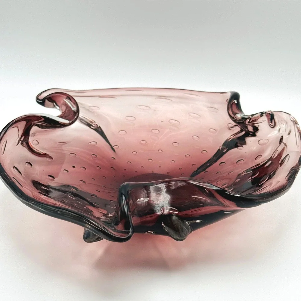 Vintage Amethyst Bullicante Art Glass Bowl Murano Style Controlled Bubble Dish